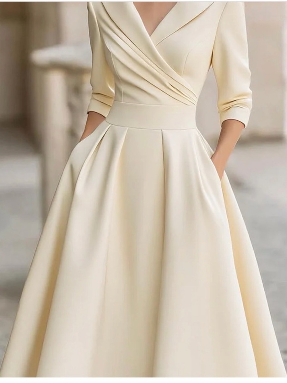 Elegant Cream V-Neck Fit & Flare Dress Perfect for Derby or any classy party.